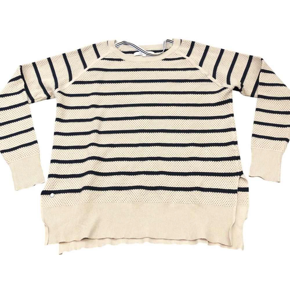 Moods of Norway Striped Knit‎ Sweater Womens Small Beige Navy Raglan 171102-108